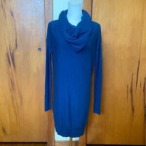Kaisely Teal Blue Cowl Neck Mini Sweater Dress Long Sleeve Cotton Blend